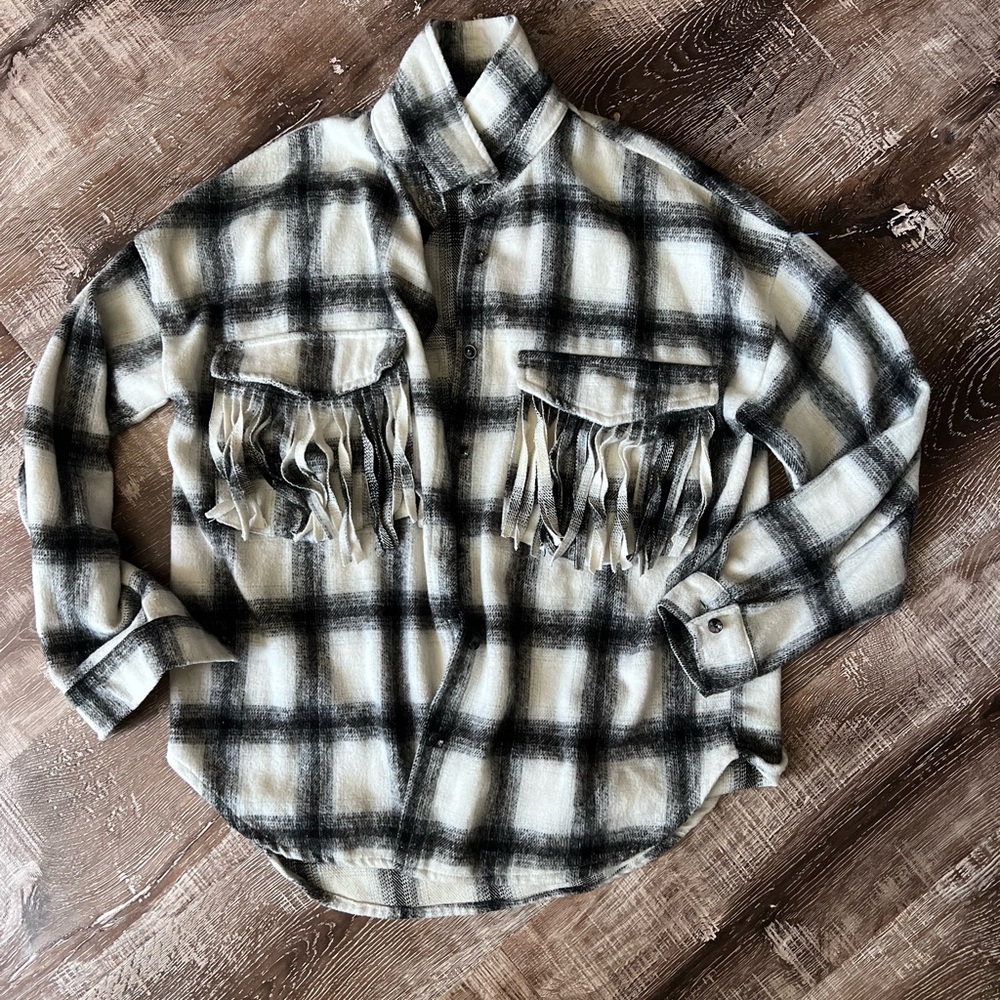 altar’d state fringe pocket flannel shacket wool